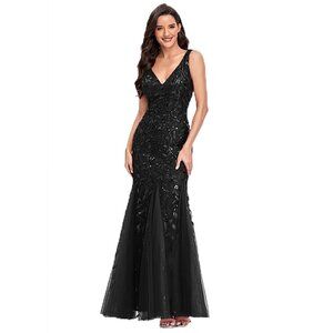 Formal Dress Sleeveless V Neck Sequin Embroidery Tulle Evening Gows (Black XL)